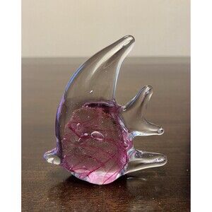 Art Glass Angel Fish Hand Blown Murano Style Paperweight Figurine Pink Swirls
